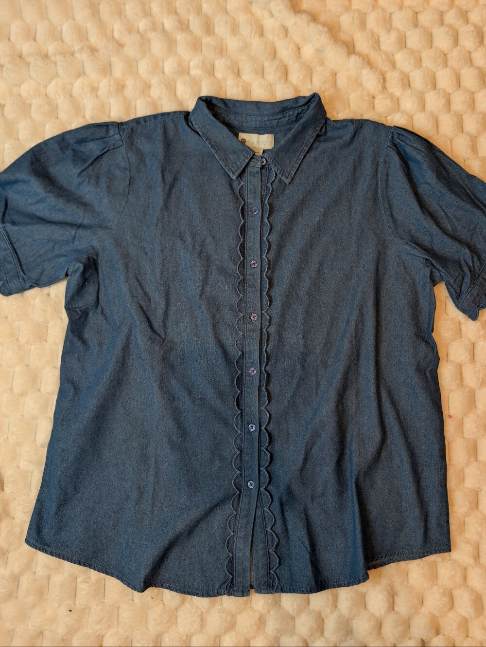 Ella Simone Scalloped Placket Chambray Puff Sleeve Cotton Top Plus Size 2X